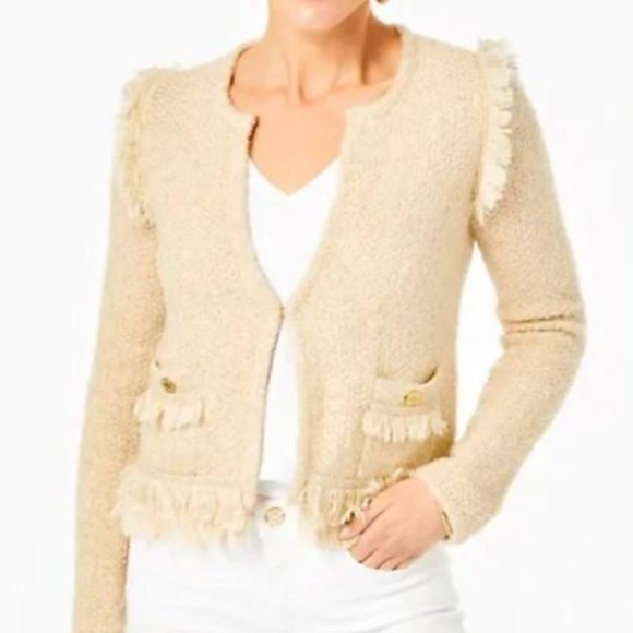 Lilly Pulitzer Sweaters - Lilly Pulitzer Simora Cardigan Gold Metallic Tweed Fringe Wool Blend Size M NWT